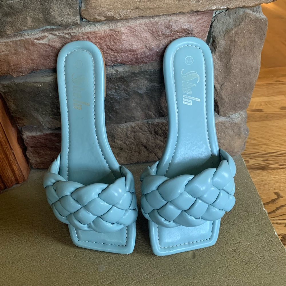 SHEIN Braided Square-Toe Slide Sandals in Light Blue